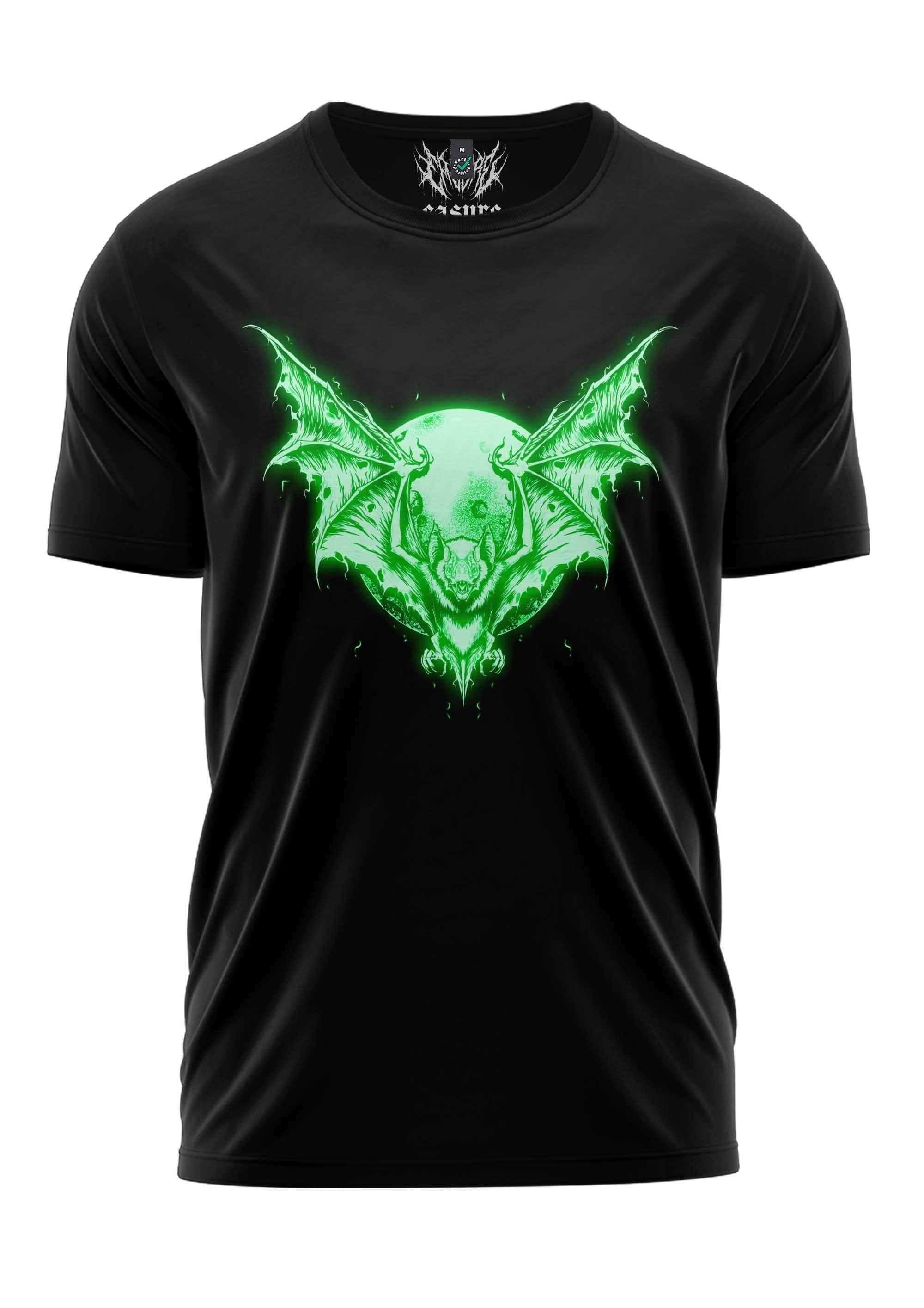 Schwarzes night stalker shirt mit grün leuchtendem fledermausdesign und schädelmotiv gaia lizenzierte düstere welt kleidung